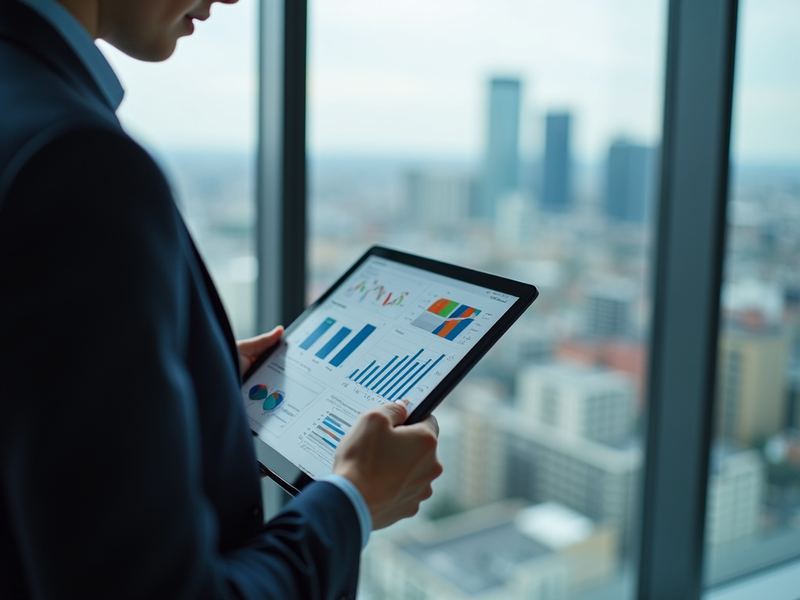 A professional reviewing financial charts on a tablet above a city skyline